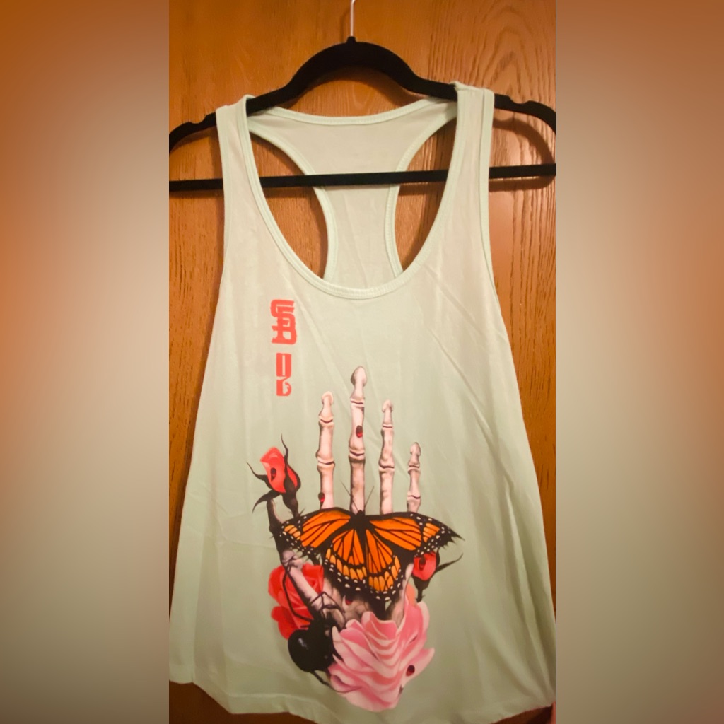 Mint Green Tank Top With Butterfly Spider Skeleton Design By Steadfast Brand